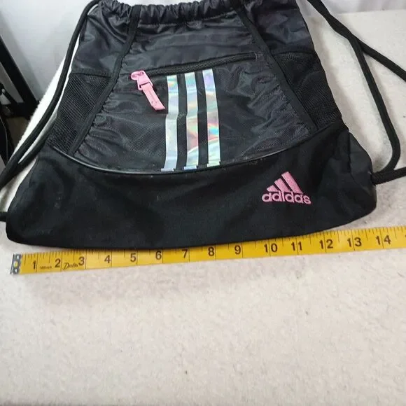 Adidas Drawstring Backpack Black Pink 3 Stripe Gym Sack Bag Medium - Picture 5 of 15